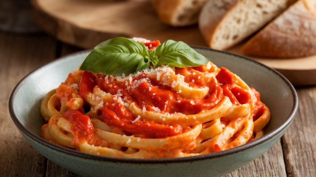 Creamy roasted red pepper pasta garnished with basil and Parmesan cheese, served on a rustic table.